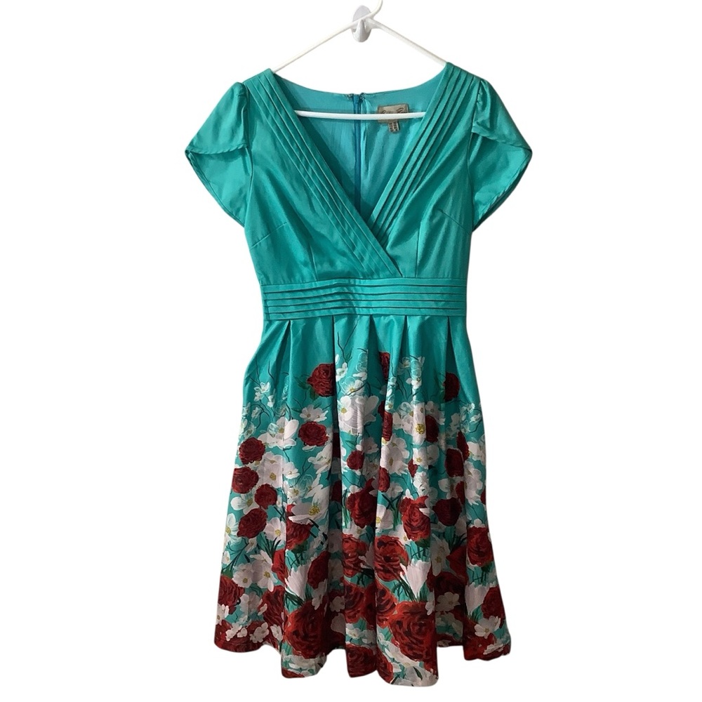 Lindy Bop Donna Teal Dress with Red Floral Pattern